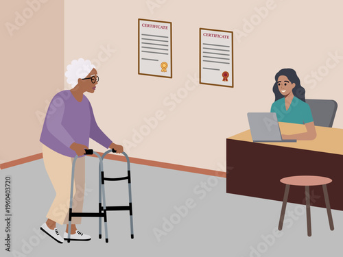 Clinic reception consultation room, showing an elderly person using a walker to move towards a desk where young female doctor is working on a laptop