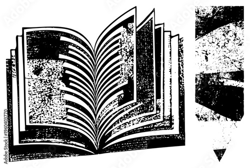 Open book with halftone texture, aged pages, cracked cover, vintage illustration, black and white print, classic literature, reading material.