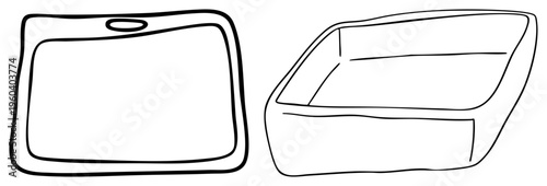 Simple art depicting two rectangular containers, one with top handle, one with interior divisions, isolated vector graphic, flat style.