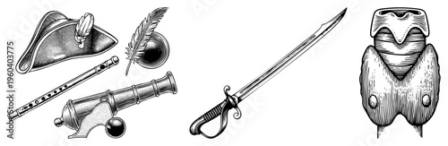 Vintage soldier equipment including bayonet sword, cannon, tricorn hat, quill pen, and inkwell, engraved vector illustration, historical warfare tools.