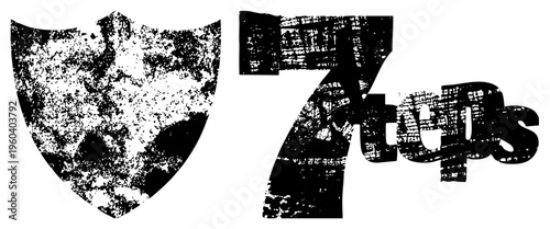 Distressed shield paired with bold "7 Steps" text, gritty halftone effect, vector design, instructional or procedural branding element.