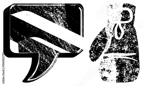 Retro stylized boxing glove and diving flag vector, distressed halftone texture, athletic gear symbols, sport emblem, black and white graphic design.