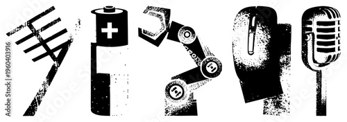 Retro tech including mic, battery, robotic arm, computer mouse, and antenna, rendered in gritty halftone style, isolated vector graphics for UI or print.