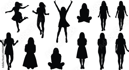 Human silhouettes in expressive poses, standing, sitting, jumping, raising arms, vector illustration for posture, movement, animation, design concepts