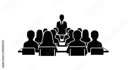 Business meeting, presentation, speaker addressing audience in conference room with laptops