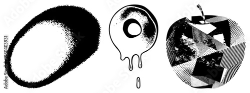 Artistic vector forms with halftone textures, dripping ink shapes, and fragmented design, graphic style, isolated elements for creative use.