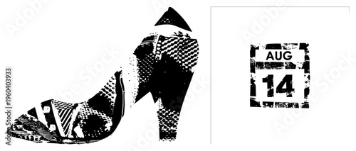 Stylized black and white high heel sandal with halftone texture, paired with distressed calendar stamp “AUG 14”, graphic design element, fashion illustration, vector art.