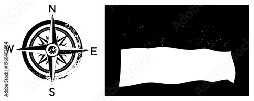Grunge style compass rose with cardinal points, distressed circular design, paired with stylized waving flag under starry sky, vector art.