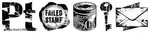 Distressed black and white graphic symbols including Pt, failed stamp, 50 cent tin, key, and envelope, rendered in gritty halftone style with worn textures and torn edges.