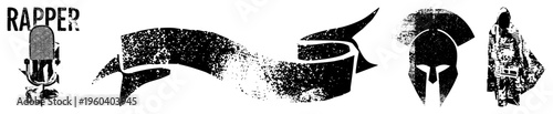 Black and white vector of rapper mic, flowing banner, Spartan helmet, hooded warrior, halftone texture, urban and ancient themes.