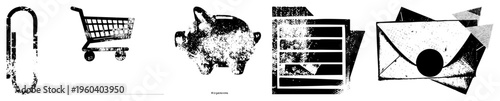 Retro distressed including shopping cart, piggy bank, document file, and envelope, ideal for finance or e commerce themes with gritty texture.
