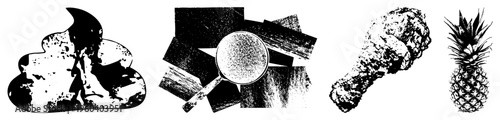 Vector halftone illustrations poop, magnifying glass over documents, fried chicken leg,. Artistic design, isolated elements, graphic symbols.