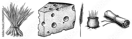 Hand drawn cheese block with holes, wheat stalks, clay pot with grain, rolled parchment scroll rustic food and agriculture symbols.