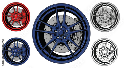 Custom Car Wheels and Brake Discs Set: Blue, Red, Silver, and Black