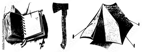 Open field journal with spiral binding, hand tool, pitched camping tent outdoor gear symbols, wilderness essentials, survival kit items, adventure.