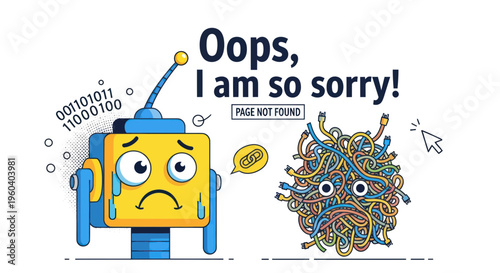 Sad Robot and Tangled Wires Error 404 Page Not Found Concept