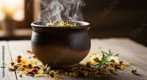 Steaming Herbal Brew in Rustic Clay Pot with Botanicals.