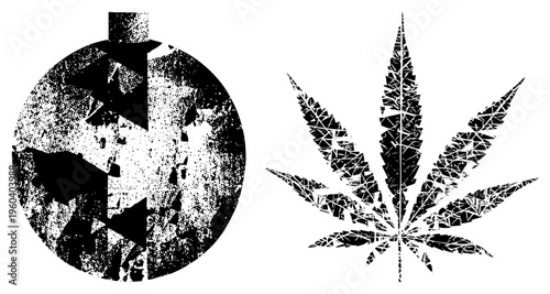 Distressed black and white vector featuring a leaf and circular arrow, halftone texture, isolated graphic design elements, punk or street art aesthetic.