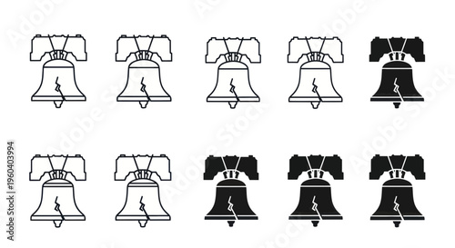 Liberty Bell Icons: Outline and Silhouette Set