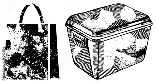 Hand drawn grocery bag with textured and plastic cooler with latch, both in black and white halftone, classic vector illustration, isolated items.