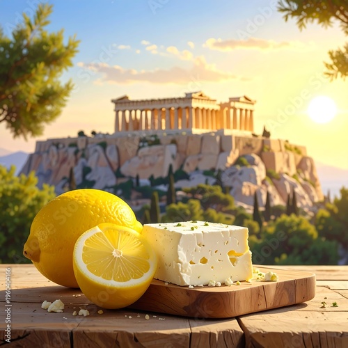 A serene Greek landscape with feta cheese and lemons