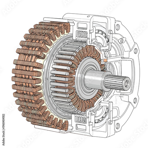 Detailed cross-section illustration of an electric motor's internal components, showcasing rotor, stator, and windings