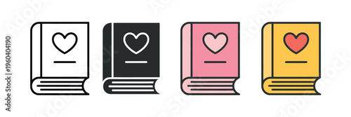 Romantic love story book and wedding diary icon set with hardcover and heart symbols for literature and memories