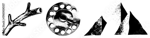 Vector art with halftone texture, abstract organic branch, vintage rotary dial, angular geometric, graphic design, isolated elements, artistic composition.