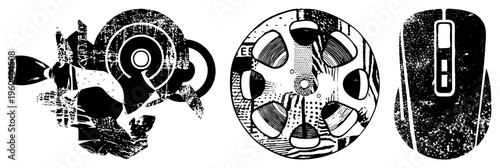 Digital device rendered in gritty computer mouse, film reel, camera lens abstract tech symbols with distressed texture, ideal for UI or graphic design projects.