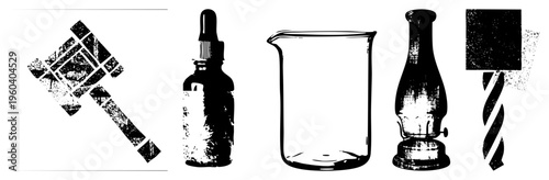 Grungy black and white vector of hammer, dropper, beaker, oil lamp, and spiral rod isolated lab and workshop equipment with textured and distressed effects.