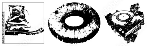 Stylized military boot, worn tire, vintage turntable with stylized textures, grunge aesthetic, vector art, isolated elements.