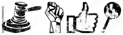 Gavel, clenched fist, thumbs up, magnifying glass all rendered in gritty halftone, isolated vector with bold and textured shading.