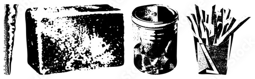 Black and white halftone style fast food carrot, brick, jar, fries. Vector graphic with stippled texture, isolated elements, food art.