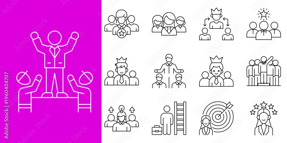 Obraz premium Outline vector icons on leadership, teamwork, career growth, and success. Depicts hierarchy, goal achievement, support, and development in business settings