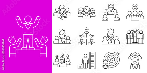 Outline vector icons on leadership, teamwork, career growth, and success. Depicts hierarchy, goal achievement, support, and development in business settings