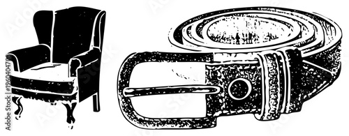 Vintage armchair with rolled arms and carved legs, paired with a detailed belt buckle and coiled strap, rendered in bold black and white art.