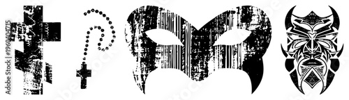Graphic vector set featuring, rosary, carnival mask, tribal mask all rendered in gritty, textured black and white with bold silhouettes and abstract.