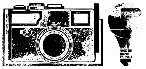 Retro camera graphic with distressed texture, film symbol, analog shutter design, creative, illustration.