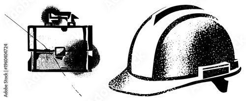 Safety helmet and classic briefcase rendered in halftone dot style, work gear, professional tools, worker essentials, office meets construction theme.