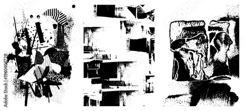 Fragmented abstract shapes in high contrast black and white, halftone, geometric collage, graphic design elements, textured vector art.