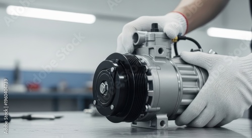 Mechanic hands wearing white gloves working on car air conditioning compressor