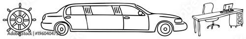 Vector of luxury limo, nautical wheel, and workstation desk with chair, minimalist art, isolated elements, professional office, maritime symbol.