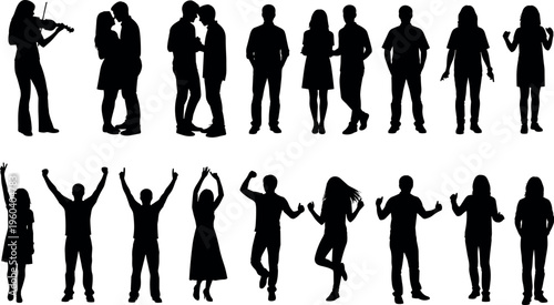 Silhouettes of people vector illustration showing dancing, celebrating, playing music, embracing, gesturing, human expressions, body language, art, design, movement