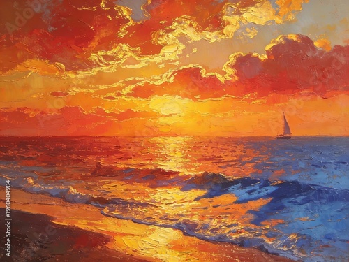 Oil Painting Sunset Rich textures and vibrant colors