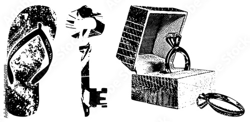 Retro flip flop sandal, old fashioned skeleton key, diamond ring in jeweler’s case, decorative bangle bracelet symbols of, access, commitment, and style.