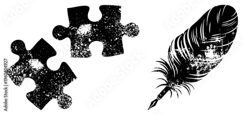 Black and white vector graphic of puzzle pieces and quill pen, creative thinking, artistic expression, tool, conceptual design, illustration, ink pen, writing instrument.