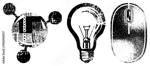 Retro styled tech symbols including computer mouse, lightbulb, and molecular diagram rendered in halftone vector art. Ideal for digital design, UI, and educational graphics.