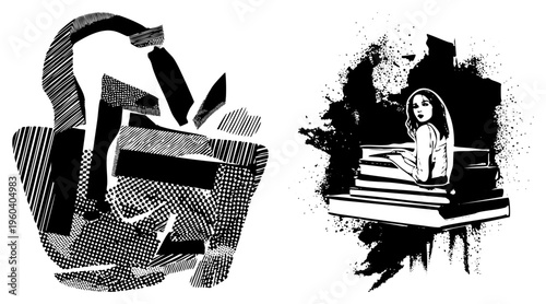 Woman seated atop books, reading in stylized halftone, ink splatter backdrop, graphic design, isolated subject, artistic composition, vector.
