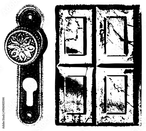 Ornate antique door knob with design, vintage window with four panes, black and white vector art, distressed texture, architectural.