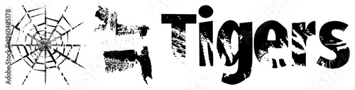 Graphic design featuring “Tigers” text with tiger silhouette and spider web, distressed texture, bold typography, vector art, mascot design.